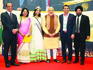 Indian Prime Minister Narendra Modi with OFBJP - BC President Aditya Tawatia, Daljit Thind, Paul Arora, and Aashritha Royyuru, past title holder for Miss Teenage Southern British Columbia with her mother. Photos: Submitted